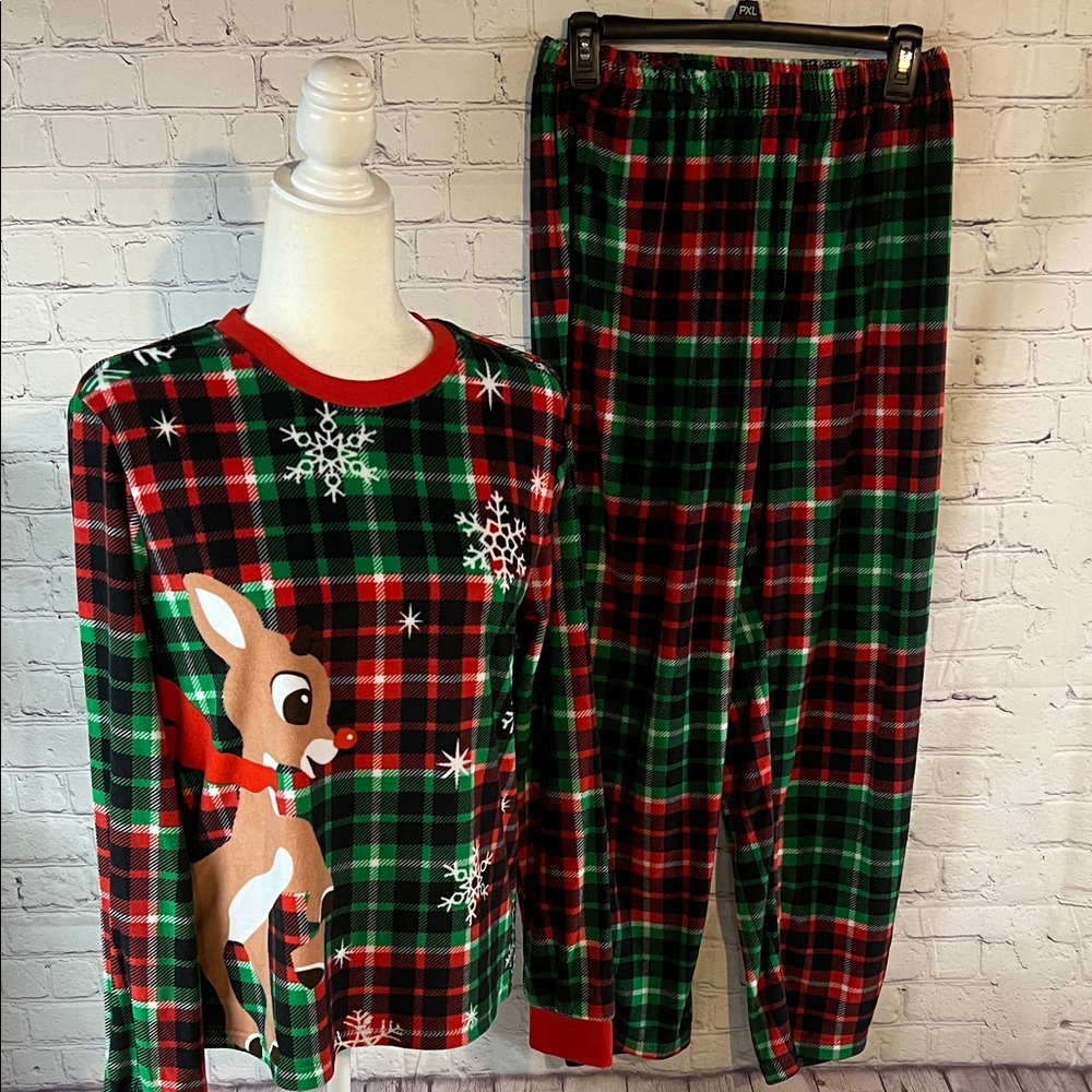 Festive Reindeer Kids Pajamas - Red and Green Plaid
